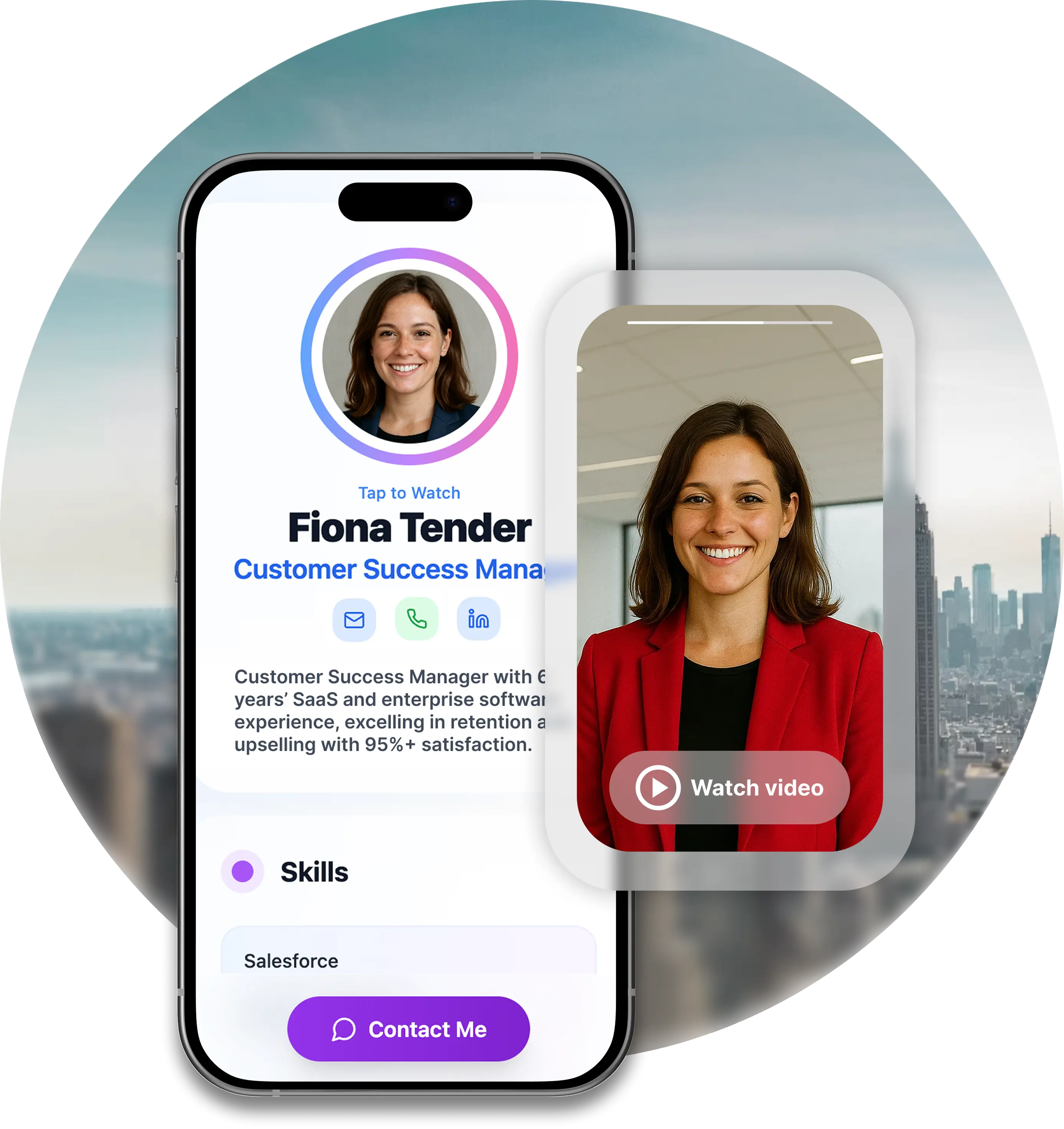 CVStory video CV builder interface showing professional profile with video integration, contact options, and skills section